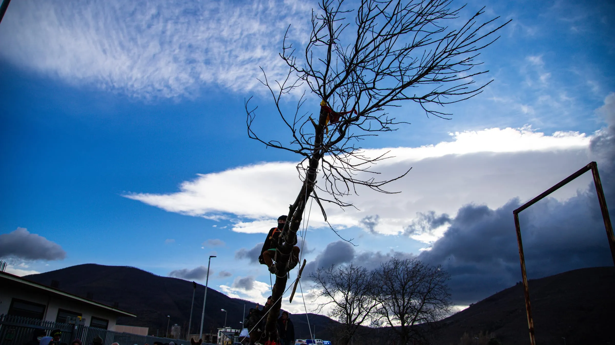 Il tronco del Maio sotto il cielo d'inverno